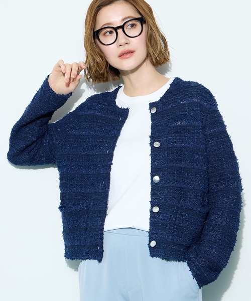 ツイード　　カーディガン 紺 セール】 【洗える】ノーカラーツイードニット カーディガン