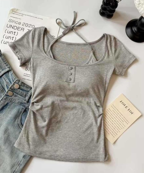 tシャツ 「カップ付き」サイドギャザーフェイクレイヤードピチT 体型