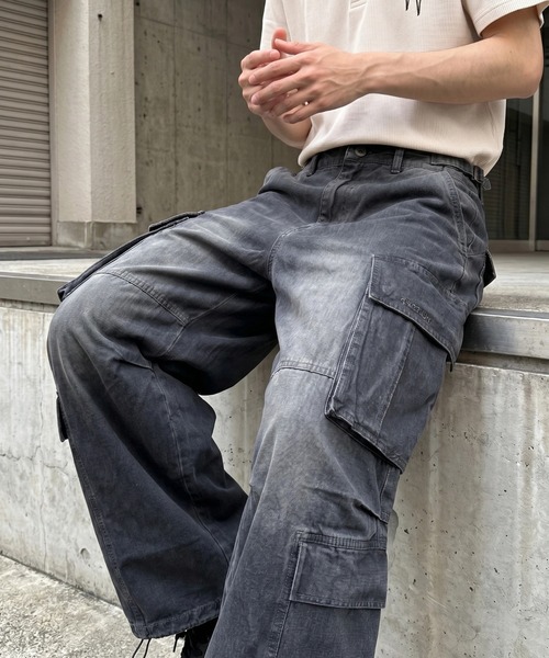 カーゴパンツ A'GEM/9 × .kom 「A'gem/エージェム」ヴィンテージウォッシュ ワイドカーゴパンツ メンズ レディースの画像