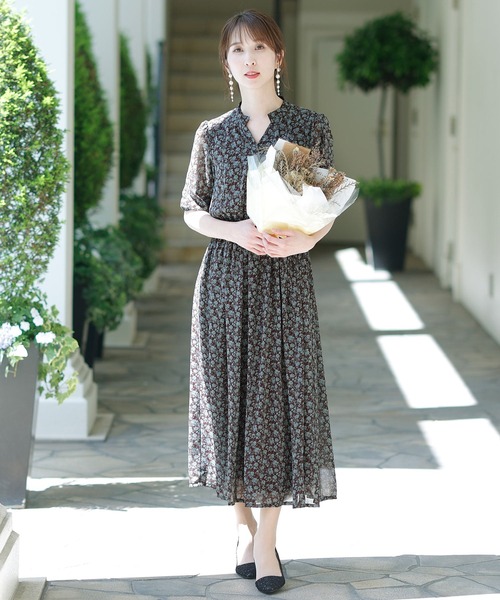 春夏 花柄 シアー ロングドレス 5分袖 PourVous ドレス 花柄シアー パーティードレス お呼ばれロング