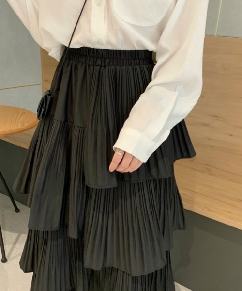 プリーツ 3段スカート sakishimatokyo スカート 三段プリーツロングフレアスカート