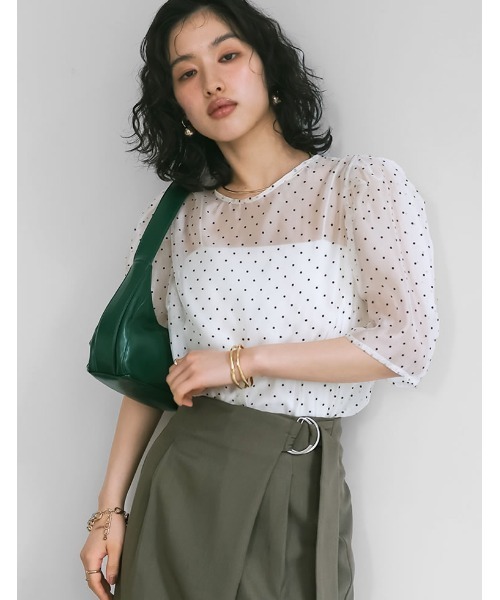ブラウス シャツ 「名品・美人見え」パワショルクロップドブラウス レディース Re:EDIT ブラウス シャツ ドットパワショルシアーブラウス