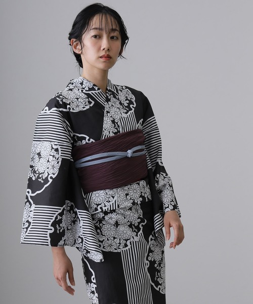 yulie 浴衣 大人浴衣2点セット洗える 帯 兵児帯 女性 黒 選べる シック