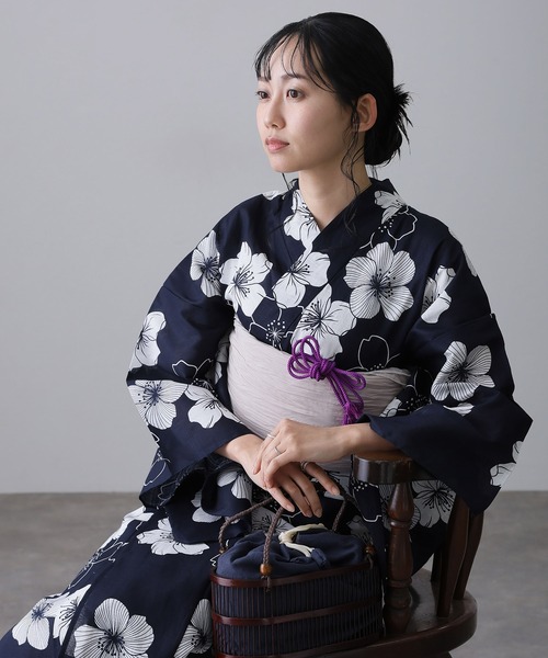 yulie 浴衣 大人浴衣2点セット洗える 帯 兵児帯 女性 黒 選べる シック