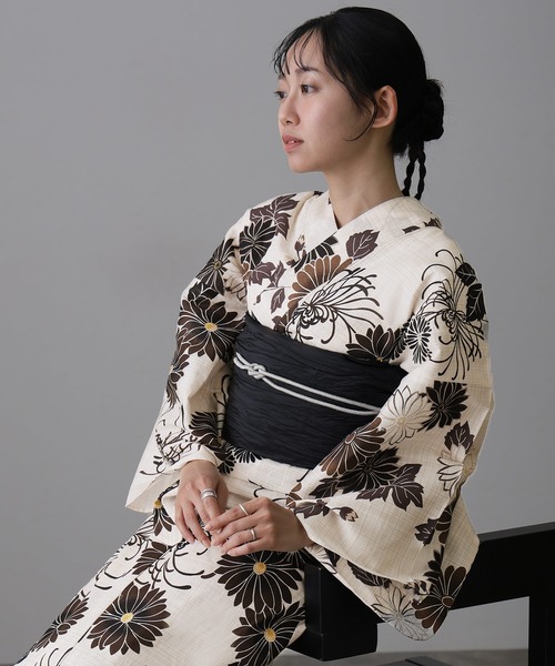 yulie 浴衣 大人浴衣2点セット洗える 帯 兵児帯 女性 黒 選べる シック