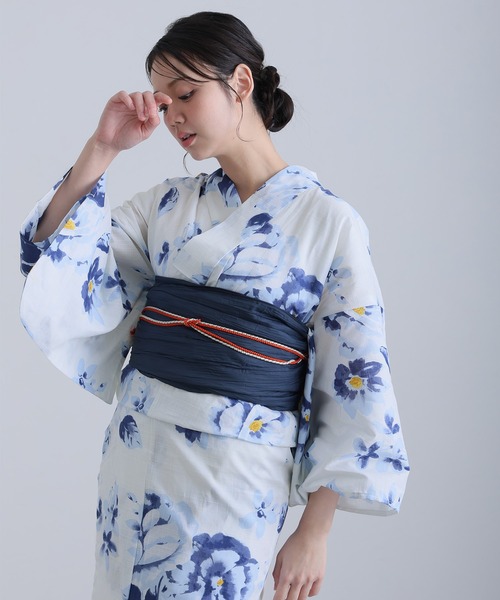 yulie 浴衣 大人浴衣2点セット洗える 帯 兵児帯 女性 黒 選べる シック