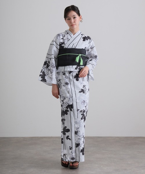 yulie 浴衣 大人浴衣2点セット洗える 帯 兵児帯 女性 黒 選べる シック