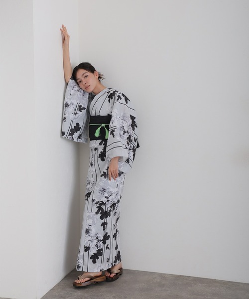 yulie 浴衣 大人浴衣2点セット洗える 帯 兵児帯 女性 黒 選べる シック