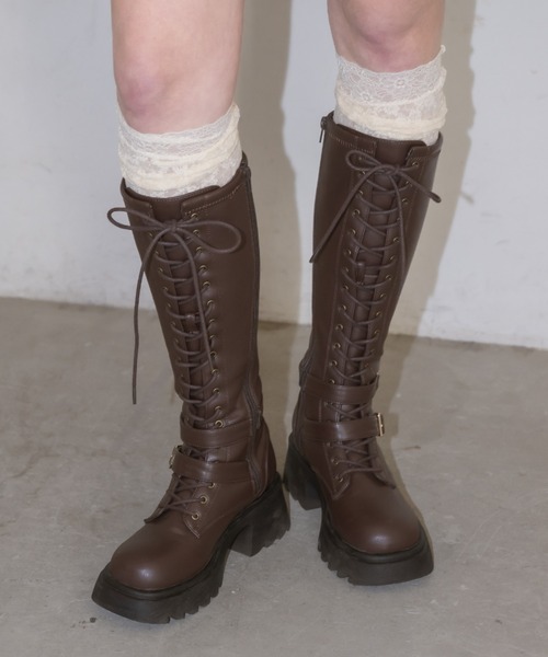 ☆【NEW】ストリング レースアップ ロングブーツ ブーツ lace up buckle long boots / レースアップロングブーツ