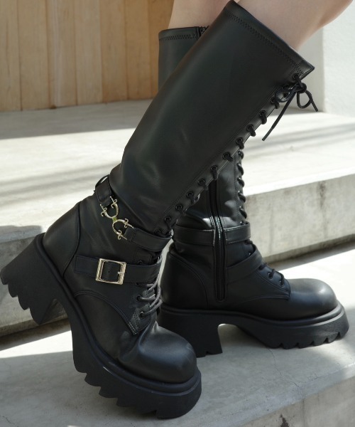 ブーツ lace up buckle long boots / レースアップロングブーツ