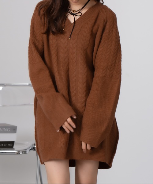 ワンピース Nia(ニア)/ケーブル編み Vネックミニニットワンピース