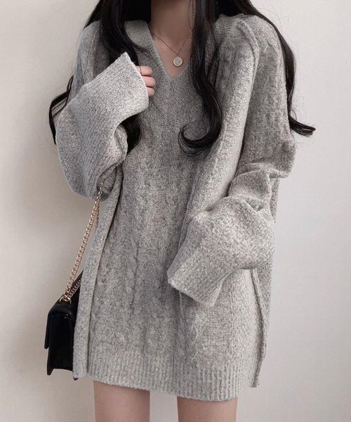 ワンピース Nia(ニア)/ケーブル編み Vネックミニニットワンピース