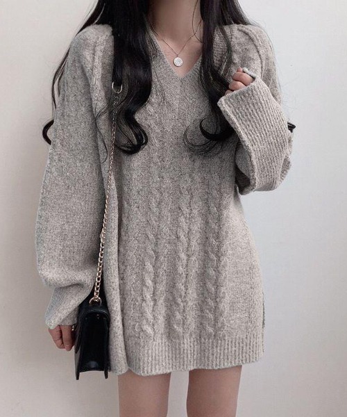 ワンピース Nia(ニア)/ケーブル編み Vネックミニニットワンピース
