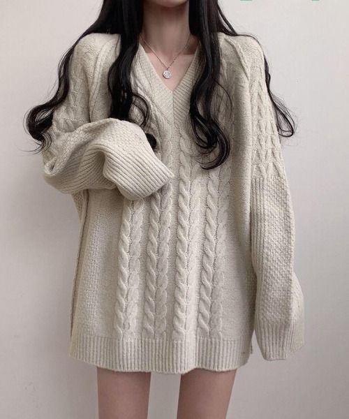 ワンピース Nia(ニア)/ケーブル編み Vネックミニニットワンピース