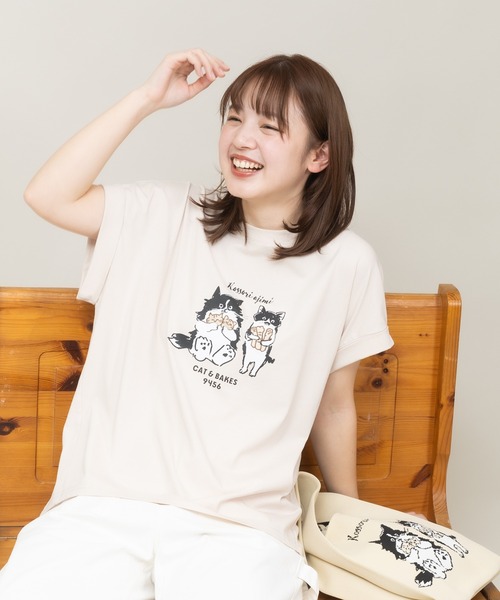 tシャツ 「meeny miny」「CAT＆BAKES 9456」コラボ ”Kossori ajimi” embroideryT レディース meeny miny tシャツ 「meeny miny」「CAT＆BAKES 9456」コラボ