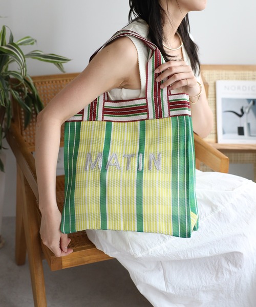 Bonjour Sagan トートバッグ ロゴ刺繍マルチストライプスクエア