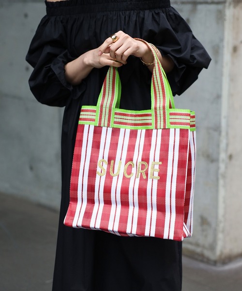 Bonjour Sagan トートバッグ ロゴ刺繍マルチストライプスクエア