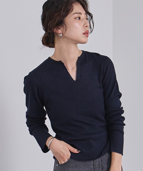 【新品】キーネックリブニット 配色キーネックリブニットプルオーバー≪手洗い可能≫ | VICKY (Women