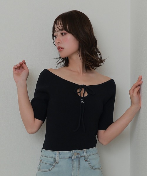 ニット セーター *M DOLLY original* front drop hall ribbon tops/フロントドロップホールリボントップス