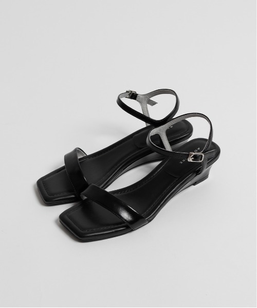 訳あり　CÉLINE 黒 レザー ウェッジサンダル 37/約23.5-24cm A de Vivre（アドゥヴィーヴル） サンダル 「本革」レザー ウェッジ