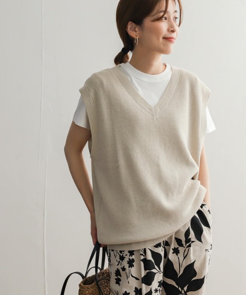 【美品】AUSTIN REED ベージュ ニット 五分袖 URBAN RESEARCH DOORS 「URBAN DOORS」 Vネックニット MEDIUM
