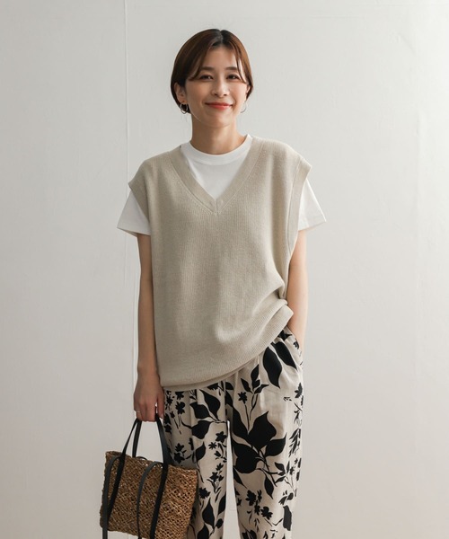 【美品】AUSTIN REED ベージュ ニット 五分袖 URBAN RESEARCH DOORS 「URBAN DOORS」 Vネックニット MEDIUM
