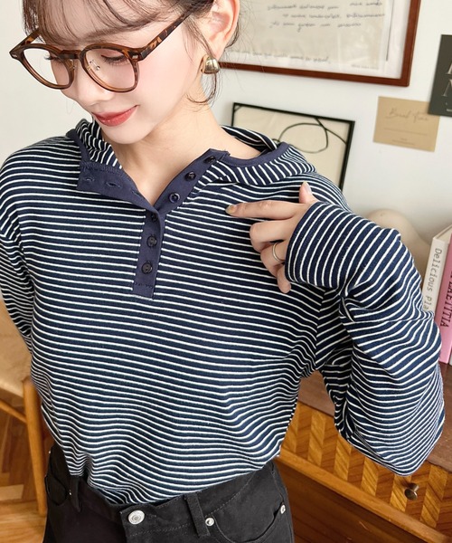 moment+ ヘンリーネック tシャツ ヘンリーネックボーダーフーディー