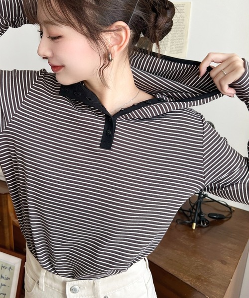 moment+ ヘンリーネック tシャツ ヘンリーネックボーダーフーディー