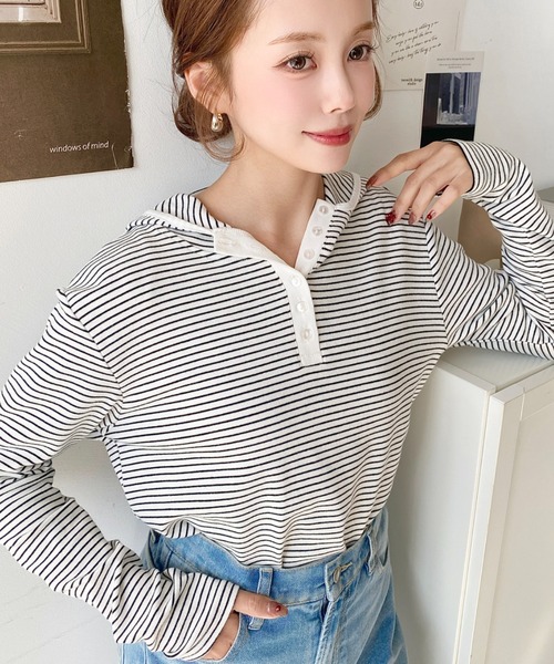 moment+ tシャツ ヘンリーネックボーダーフーディー レディース