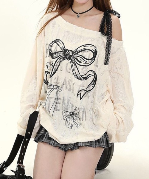 tシャツ リボンモチーフダメージ加工オフショルロンT レディース