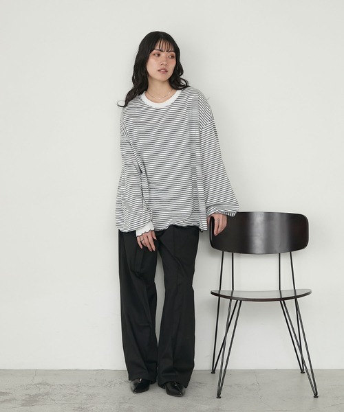 美品 クーティー オーバーサイズ ワイド ボックス ボーダー リブロンT シャツ forksy.（フォルクシー） tシャツ 「forksy.」メローボリューム袖