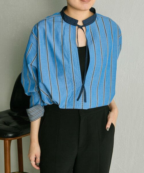 ear PAPILLONNER ブラウス シャツ 紐付きストライプシャツ ear PAPILLONNER ブラウス シャツ 紐付きストライプシャツ