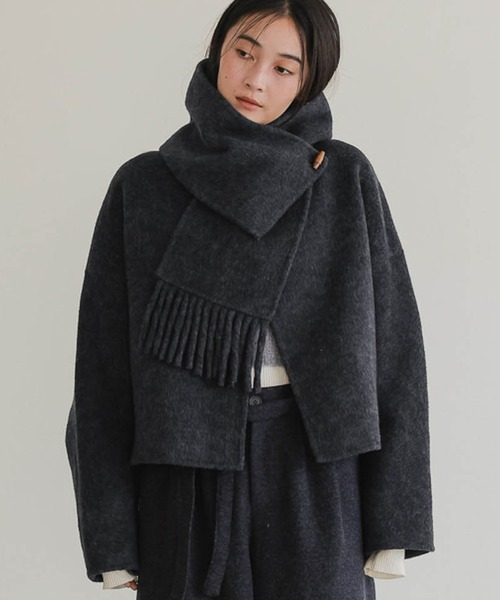 ノーカラーコート コート マフラー付きショートコート レディース