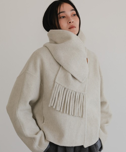 ノーカラーコート コート マフラー付きショートコート レディース