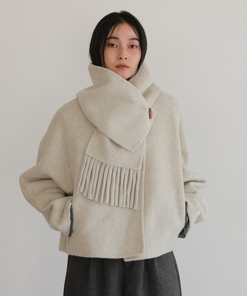 ノーカラーコート コート マフラー付きショートコート レディース