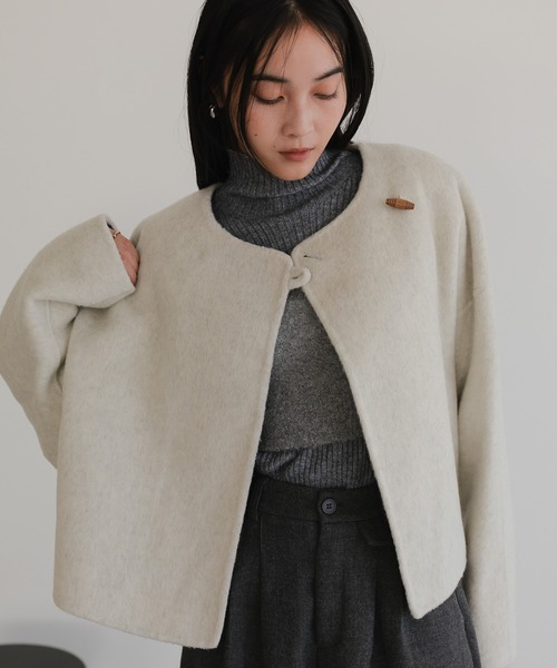 120/352 新品ベイジ ショートコートマフラー ノーカラーコート コート マフラー付きショートコート レディース