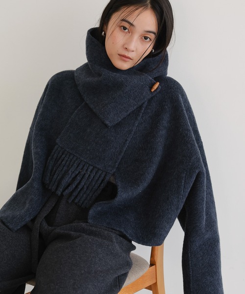 ショートコート黒いは様 ノーカラーコート コート マフラー付きショートコート レディース