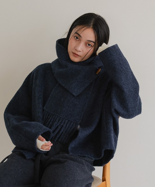 ノーカラーコート コート マフラー付きショートコート レディース