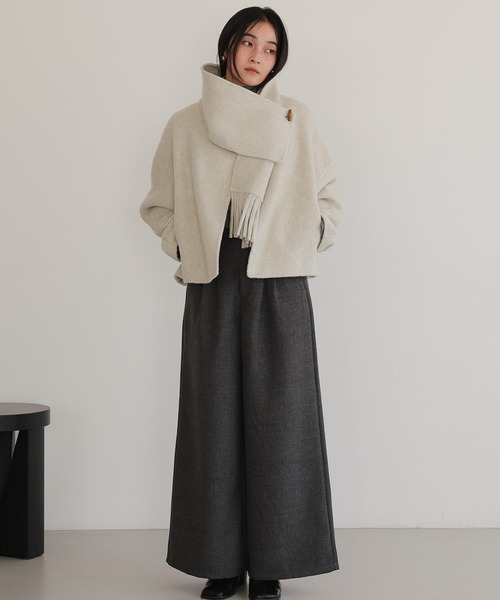 ノーカラーコート コート マフラー付きショートコート レディース