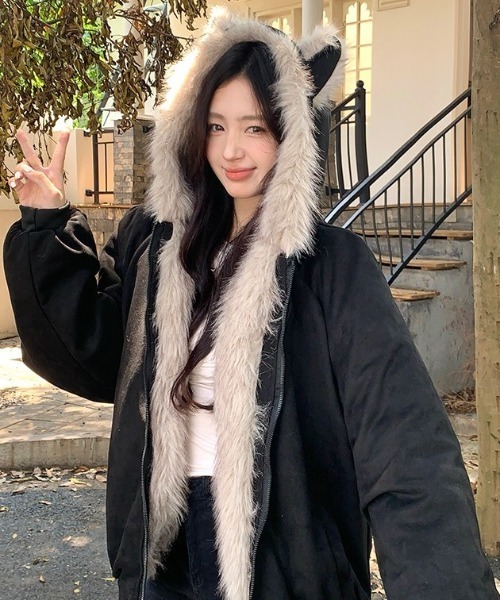 shameless ブルゾン アウター エコファー猫耳フーディージップアップ