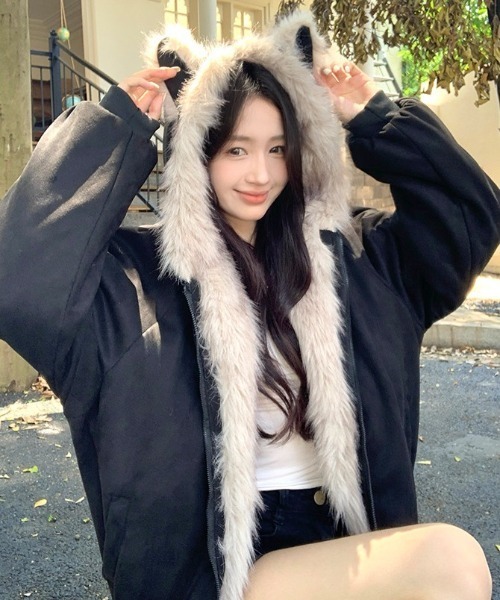 shameless ブルゾン アウター エコファー猫耳フーディージップアップ