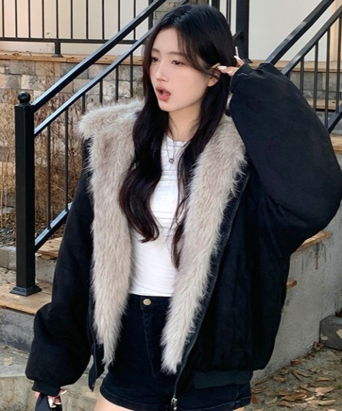 shameless ブルゾン アウター エコファー猫耳フーディージップアップ