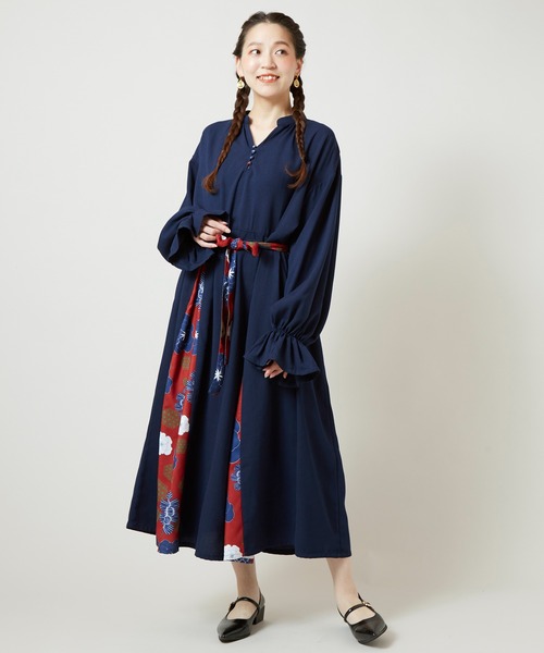 「チャイハネ」 「Amina」長袖ワンピース FREE ダークグリーン レディース_画像3