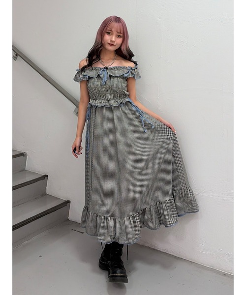 ワンピース ノースリチェックフリルロングワンピースの画像