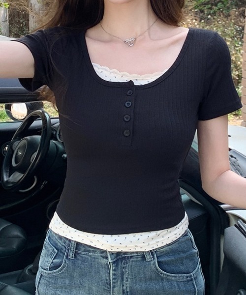 tシャツ フェイクレイヤードフラワーレースヘンリーネックピチT