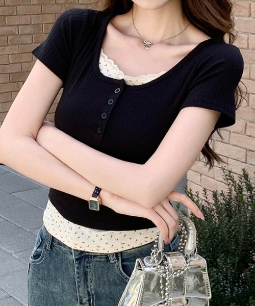 tシャツ フェイクレイヤードフラワーレースヘンリーネックピチT