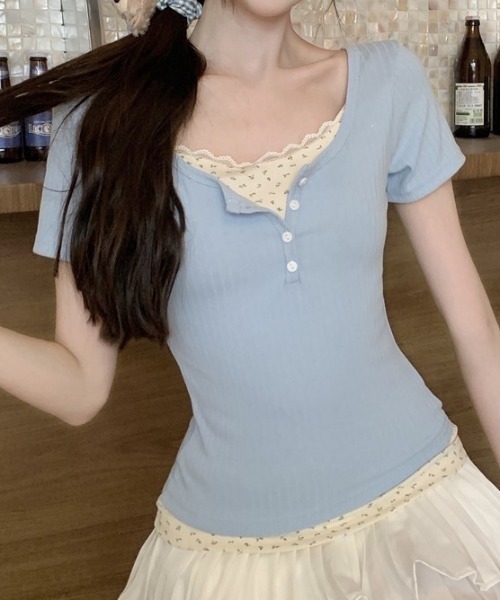 openyy フラワーヘンリーネックT OPEN YY: ホワイト フローラル ホック 長袖ヘンリーネック Tシャツ