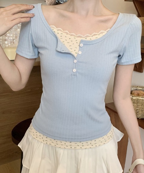 tシャツ フェイクレイヤードフラワーレースヘンリーネックピチT