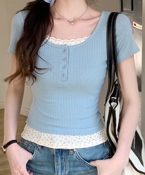 ヘンリーネック tシャツ 半袖 フェイクレイヤードフラワーレース