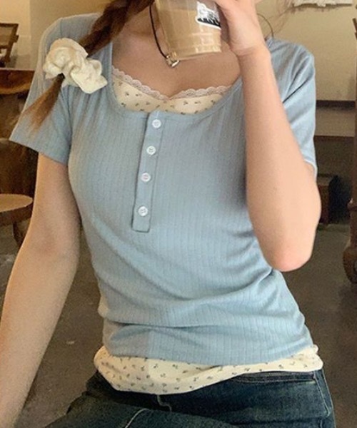 openyy フラワーヘンリーネックT OPEN YY: ホワイト フローラル ホック 長袖ヘンリーネック Tシャツ
